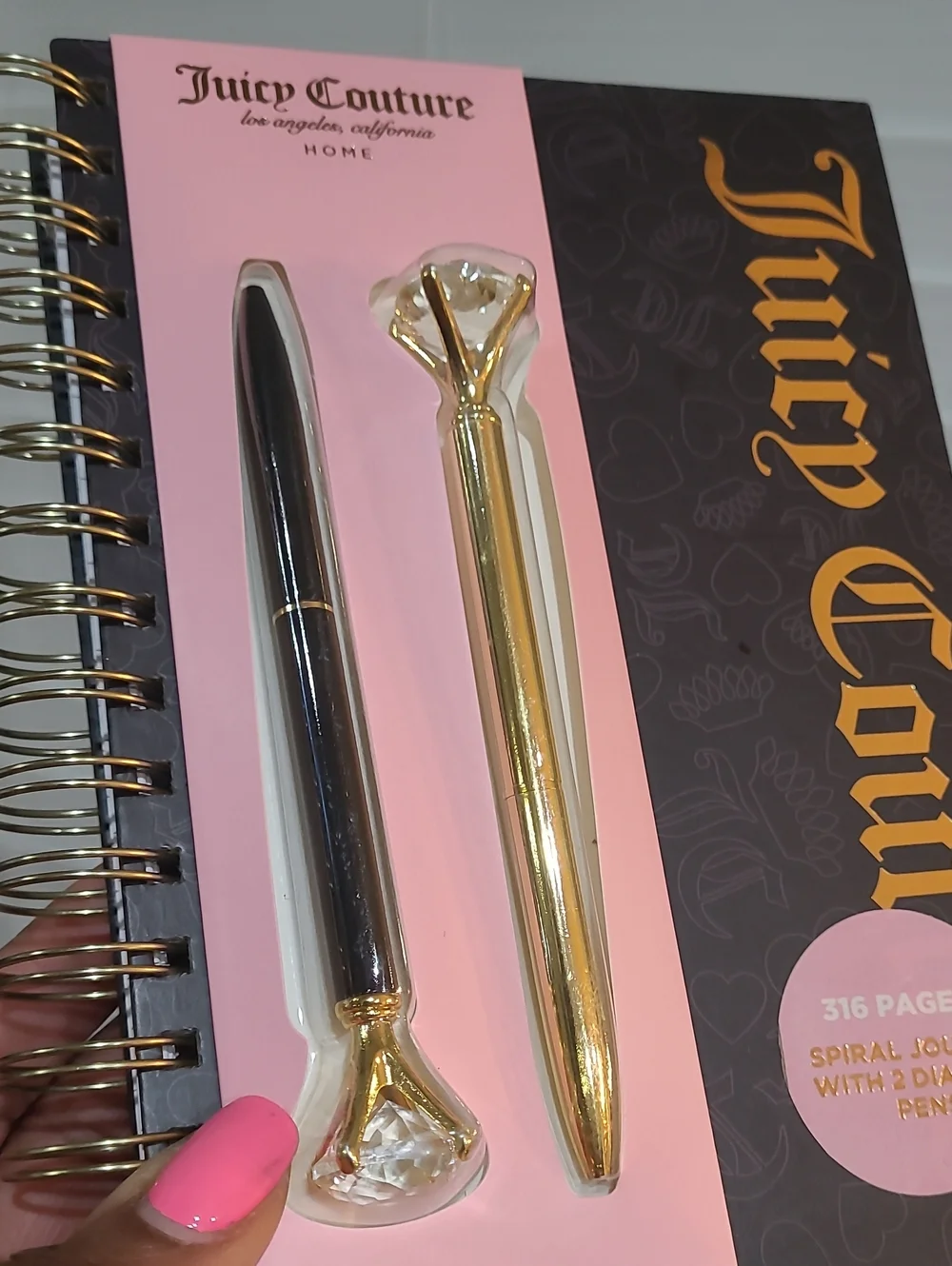 Juicy Couture Black & Pink Spiral Notebook with Gold Diamond Pens